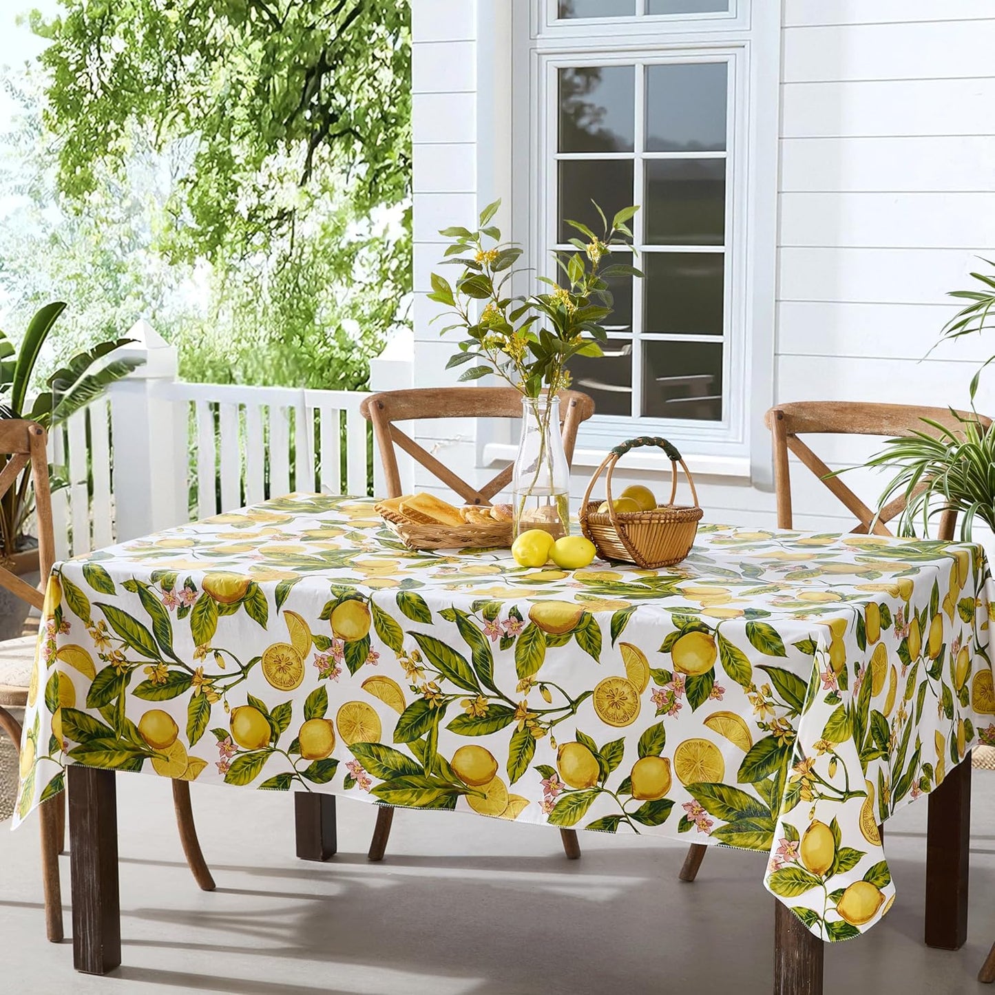 Zesty Lemons Vinyl Tablecloth, 60 x 84 Inch Rectangle | Flannel Backing, French Country Lemon Vine Print, Easy Care Wipe Clean, Indoor Outdoor Table Cover