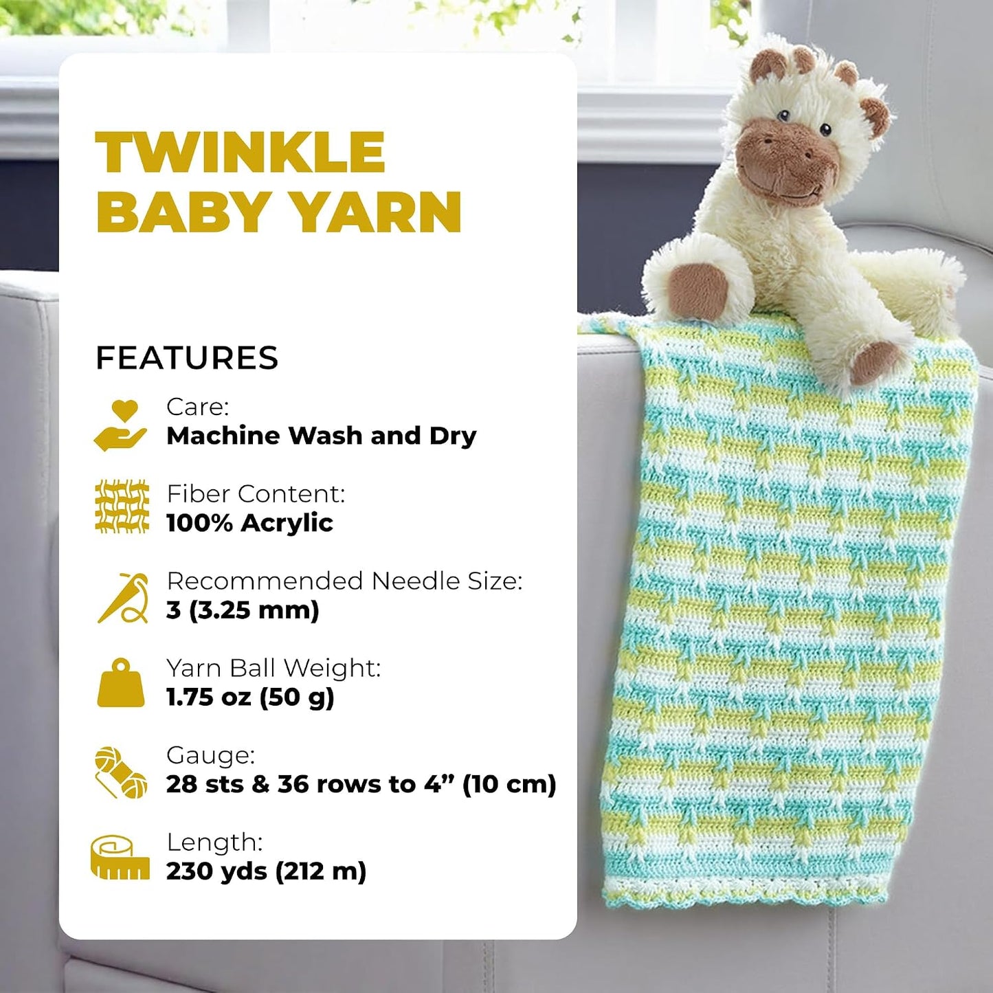 Twinkle Baby Yarn for Crocheting and Knitting, Yellow Fingering Weight Yarn for Baby Blankets and Clothing 230 Yards Per 1.75 OZ Skein - Yellow