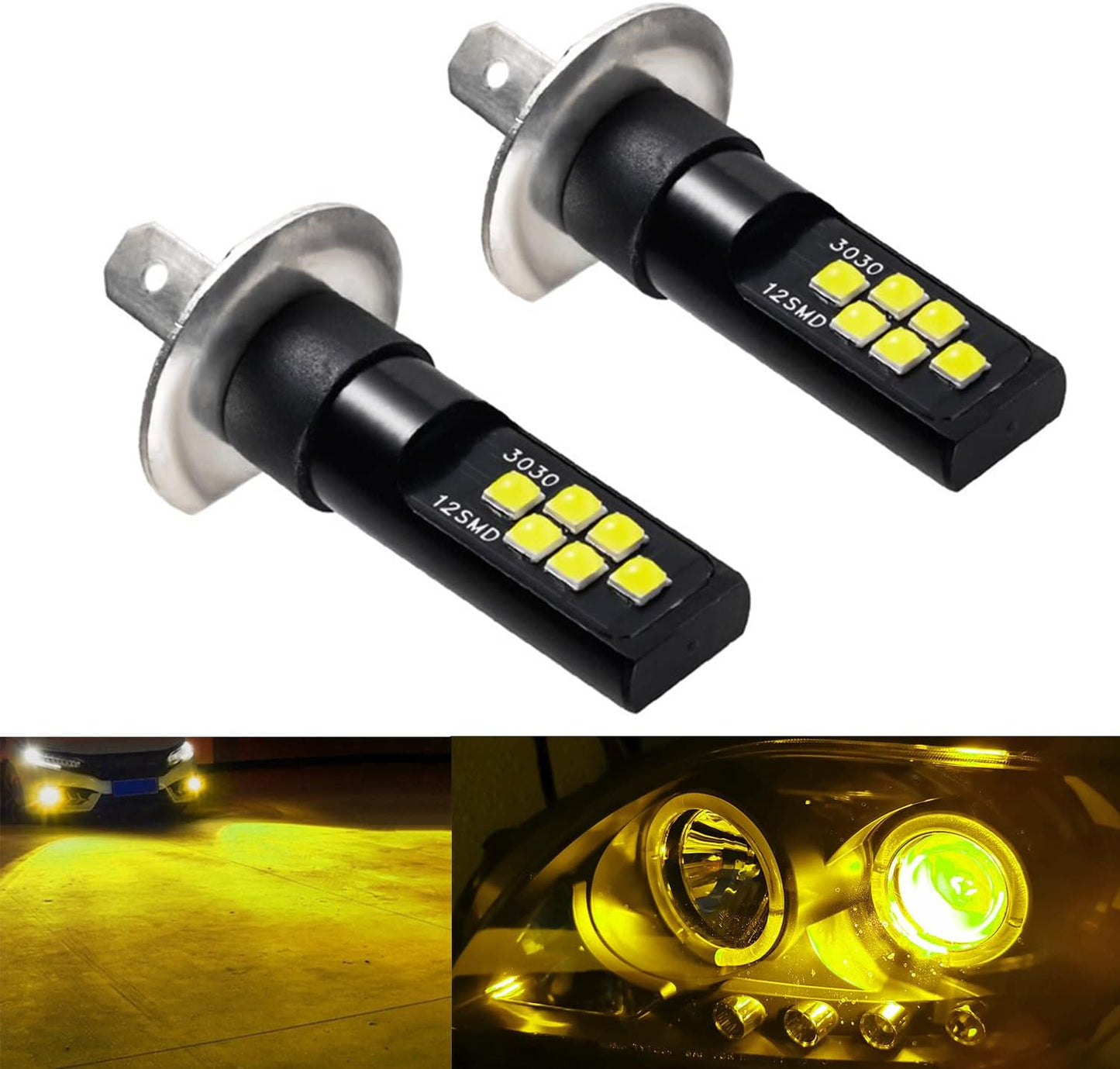 2x H1 LED Fog Light Bulb for Powersports Advanced 3030 SMD Bright Colorful Daytime Running DRL Lamp, Golden Yellow