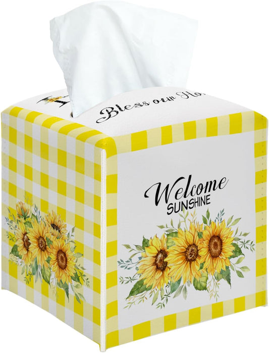 Sunflower Tissue Box Cover Square, Yellow and White Plaid Sunflower Decorative Tissue Box Holder for Bedroom Bathroom Kitchen Office Vanity Countertop, Leather Facial Paper Organizer Dispenser -07