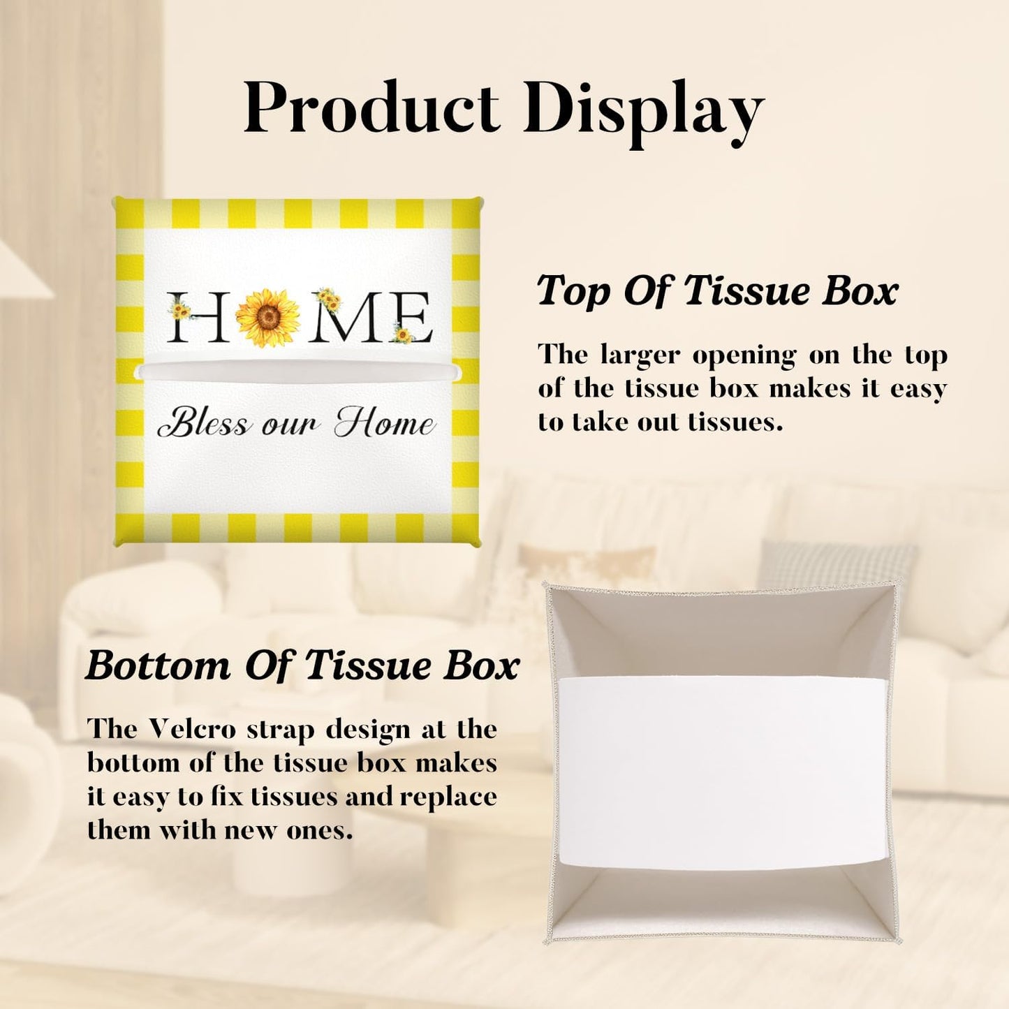 Sunflower Tissue Box Cover Square, Yellow and White Plaid Sunflower Decorative Tissue Box Holder for Bedroom Bathroom Kitchen Office Vanity Countertop, Leather Facial Paper Organizer Dispenser -07