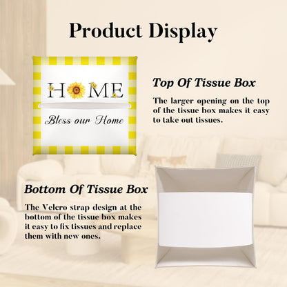 Sunflower Tissue Box Cover Square, Yellow and White Plaid Sunflower Decorative Tissue Box Holder for Bedroom Bathroom Kitchen Office Vanity Countertop, Leather Facial Paper Organizer Dispenser -07