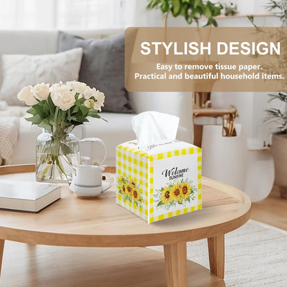Sunflower Tissue Box Cover Square, Yellow and White Plaid Sunflower Decorative Tissue Box Holder for Bedroom Bathroom Kitchen Office Vanity Countertop, Leather Facial Paper Organizer Dispenser -07