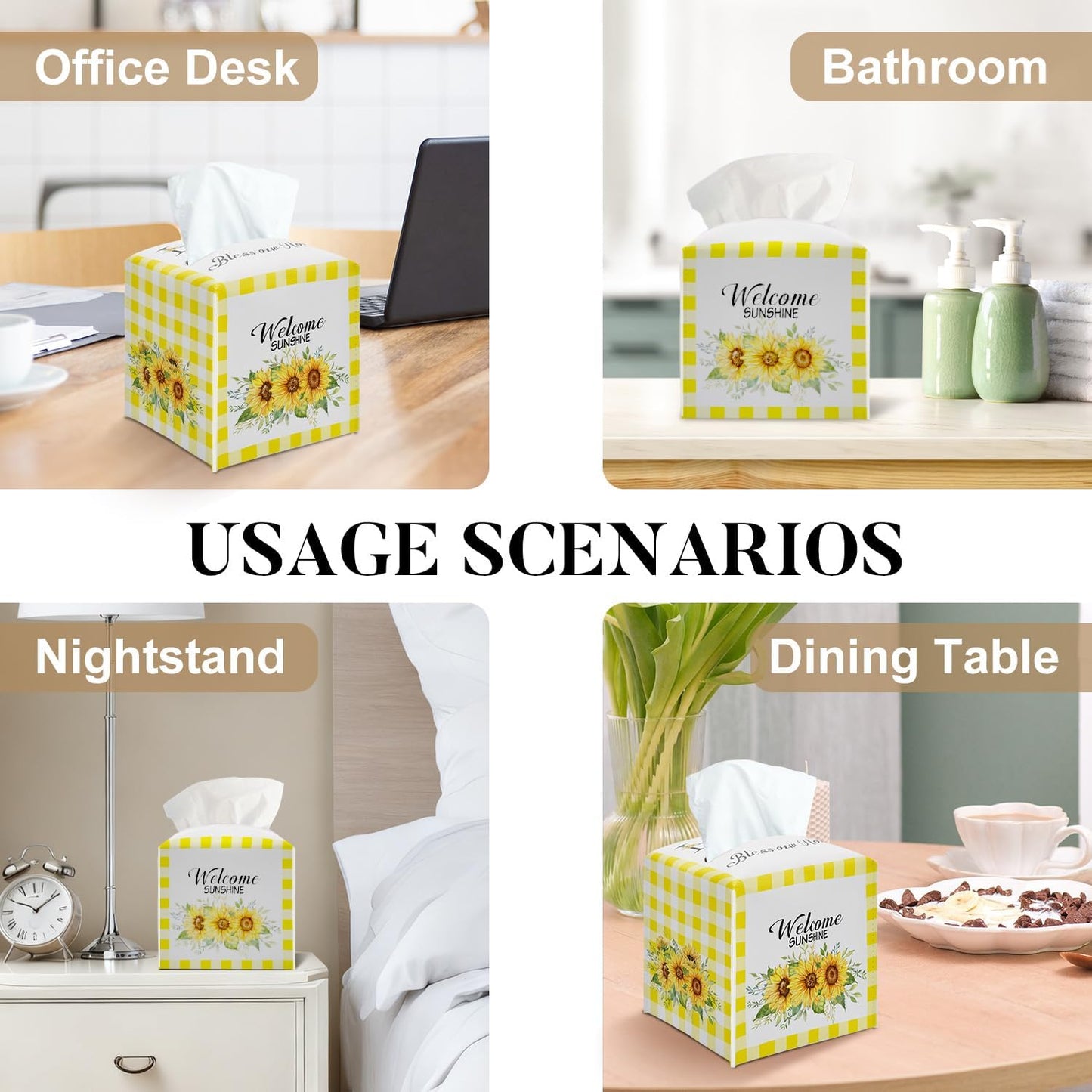 Sunflower Tissue Box Cover Square, Yellow and White Plaid Sunflower Decorative Tissue Box Holder for Bedroom Bathroom Kitchen Office Vanity Countertop, Leather Facial Paper Organizer Dispenser -07