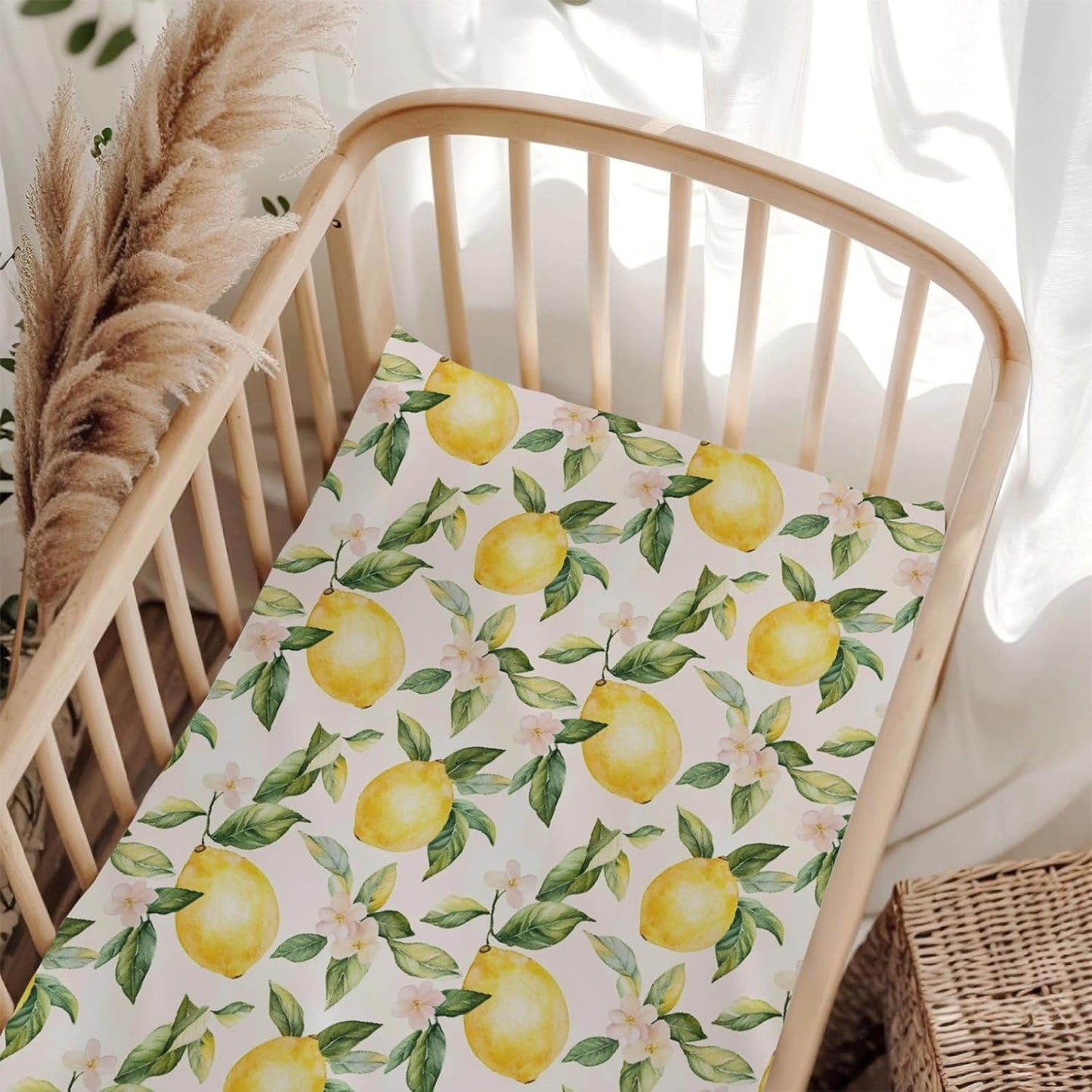 Cute Lemon Floral Leaves Pink Fitted Crib Sheet for Baby Girls Boys 28x52 Inch Yellow Lemons Wildflowers Baby Sheet for Standard Crib and Toddler Summer Fruit Bed Mattress Nursery Bed