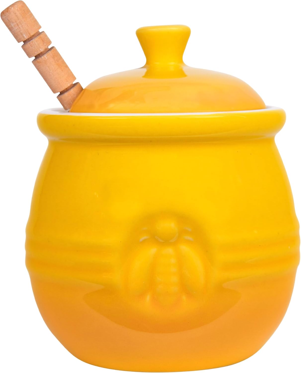 Yellow Stoneware Honey Pot with Lid & Wood Honey Dipper