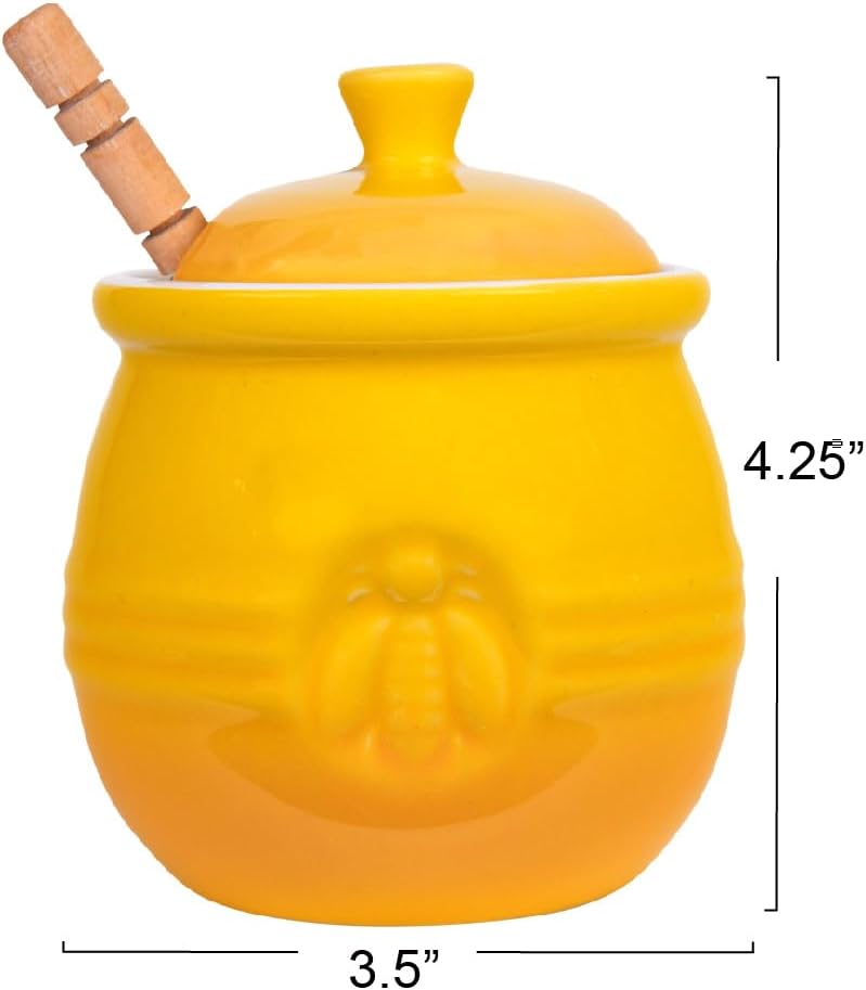 Yellow Stoneware Honey Pot with Lid & Wood Honey Dipper