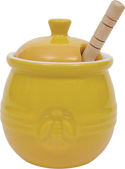 Yellow Stoneware Honey Pot with Lid & Wood Honey Dipper