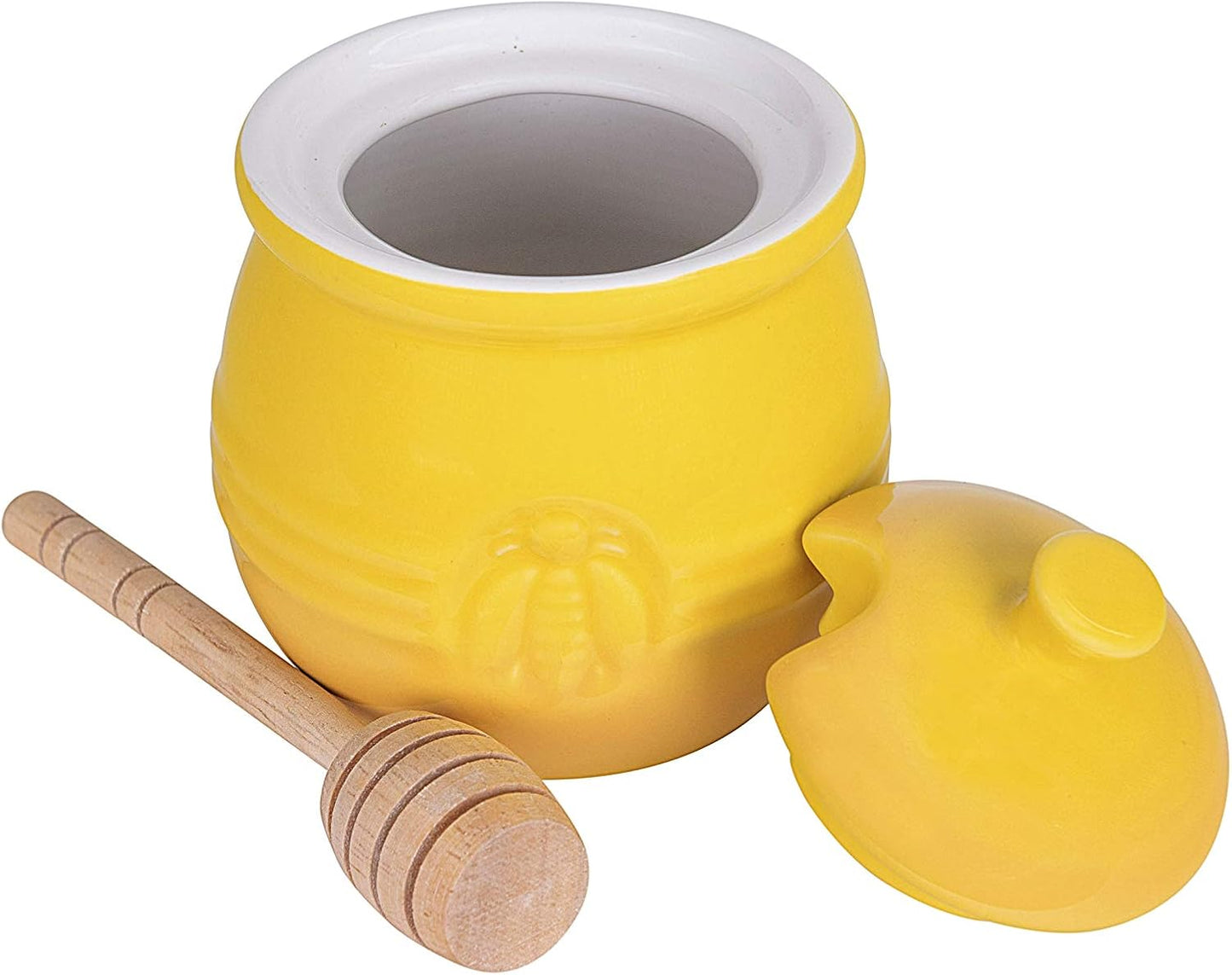 Yellow Stoneware Honey Pot with Lid & Wood Honey Dipper
