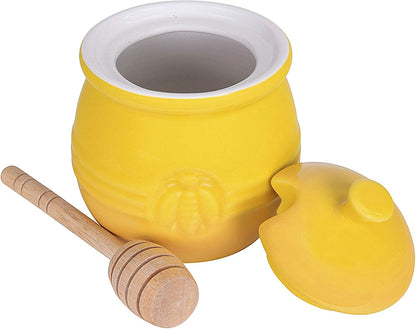 Yellow Stoneware Honey Pot with Lid & Wood Honey Dipper
