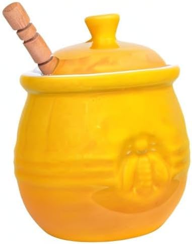Yellow Stoneware Honey Pot with Lid & Wood Honey Dipper
