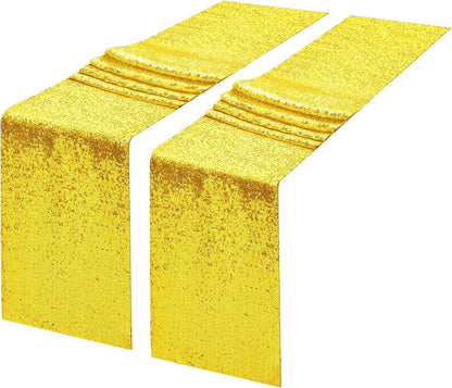 2 Packs 12 x 108 inches Yellow Sequin Table Runner, Glitter Runner for Birthday Party Supplies Decorations Wedding Bachelorette Holiday Celebration Bridal Shower Baby Shower