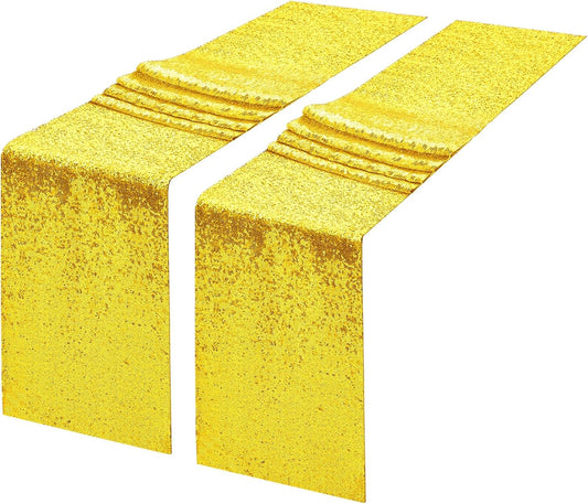 2 Packs 12 x 108 inches Yellow Sequin Table Runner, Glitter Runner for Birthday Party Supplies Decorations Wedding Bachelorette Holiday Celebration Bridal Shower Baby Shower