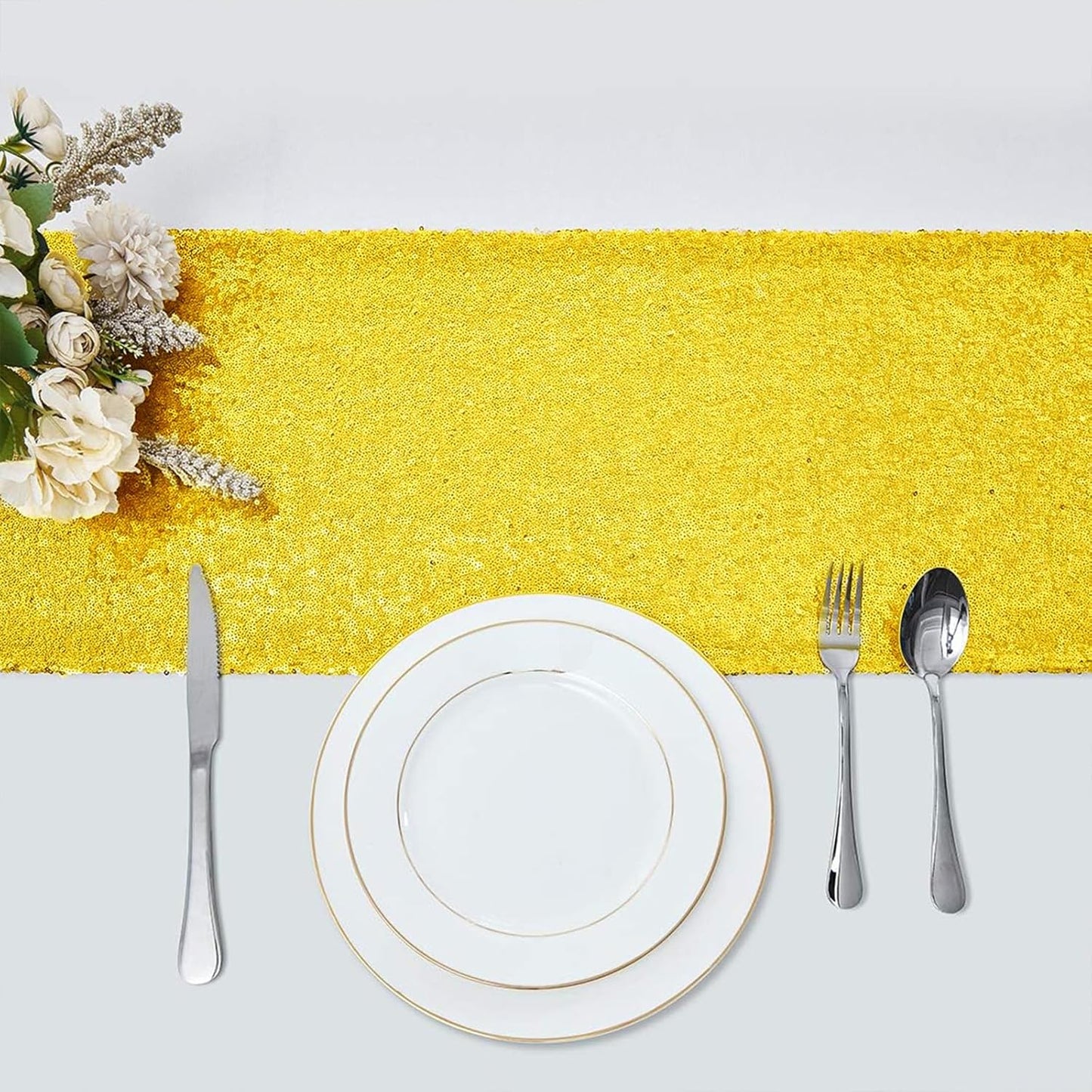 2 Packs 12 x 108 inches Yellow Sequin Table Runner, Glitter Runner for Birthday Party Supplies Decorations Wedding Bachelorette Holiday Celebration Bridal Shower Baby Shower