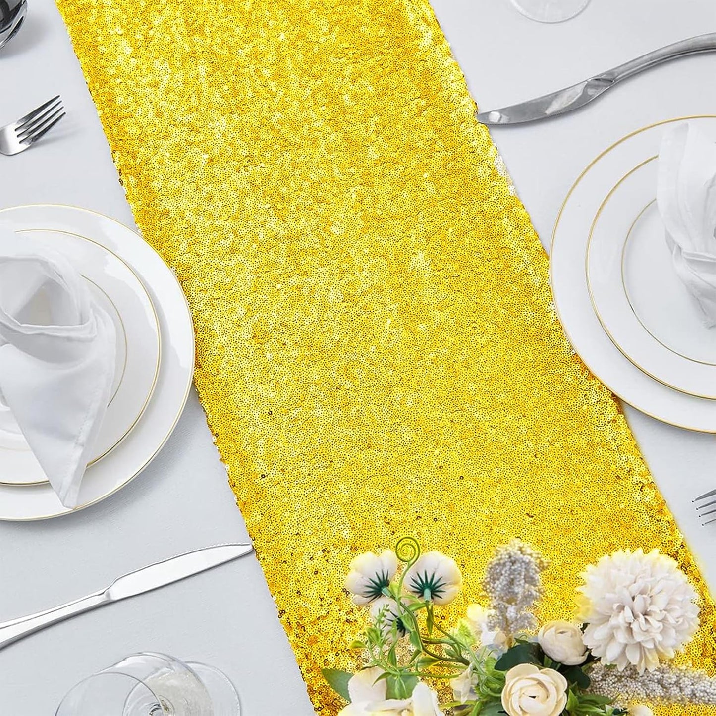 2 Packs 12 x 108 inches Yellow Sequin Table Runner, Glitter Runner for Birthday Party Supplies Decorations Wedding Bachelorette Holiday Celebration Bridal Shower Baby Shower