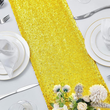 2 Packs 12 x 108 inches Yellow Sequin Table Runner, Glitter Runner for Birthday Party Supplies Decorations Wedding Bachelorette Holiday Celebration Bridal Shower Baby Shower