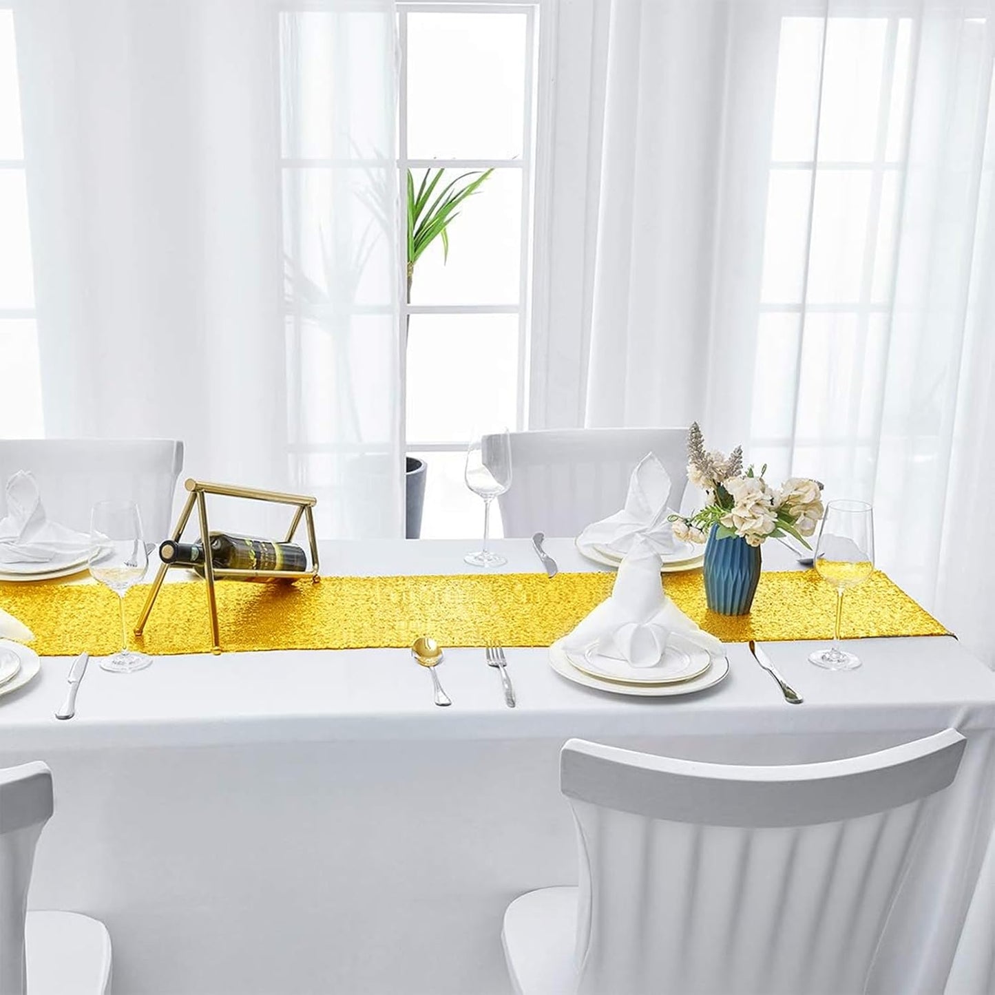 2 Packs 12 x 108 inches Yellow Sequin Table Runner, Glitter Runner for Birthday Party Supplies Decorations Wedding Bachelorette Holiday Celebration Bridal Shower Baby Shower