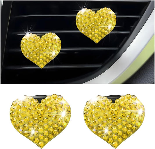 Car Bling Air Vent Clips, 2 Pcs Bling Heart Charm Air Conditioning Outlet Clip, Crystal Rhinestone Accessories, Sparkly Car Interior Decoration Cute Accessories for Women Girls (Yellow)
