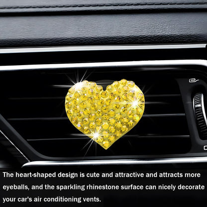 Car Bling Air Vent Clips, 2 Pcs Bling Heart Charm Air Conditioning Outlet Clip, Crystal Rhinestone Accessories, Sparkly Car Interior Decoration Cute Accessories for Women Girls (Yellow)