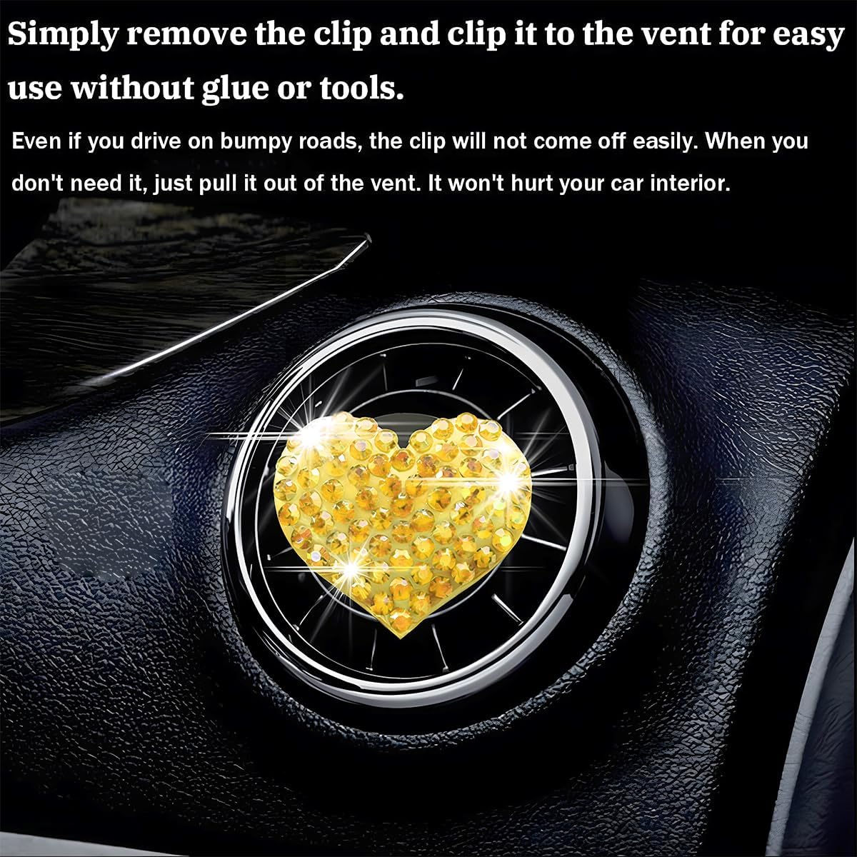 Car Bling Air Vent Clips, 2 Pcs Bling Heart Charm Air Conditioning Outlet Clip, Crystal Rhinestone Accessories, Sparkly Car Interior Decoration Cute Accessories for Women Girls (Yellow)