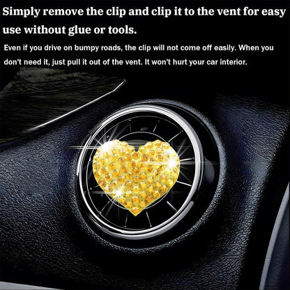 Car Bling Air Vent Clips, 2 Pcs Bling Heart Charm Air Conditioning Outlet Clip, Crystal Rhinestone Accessories, Sparkly Car Interior Decoration Cute Accessories for Women Girls (Yellow)