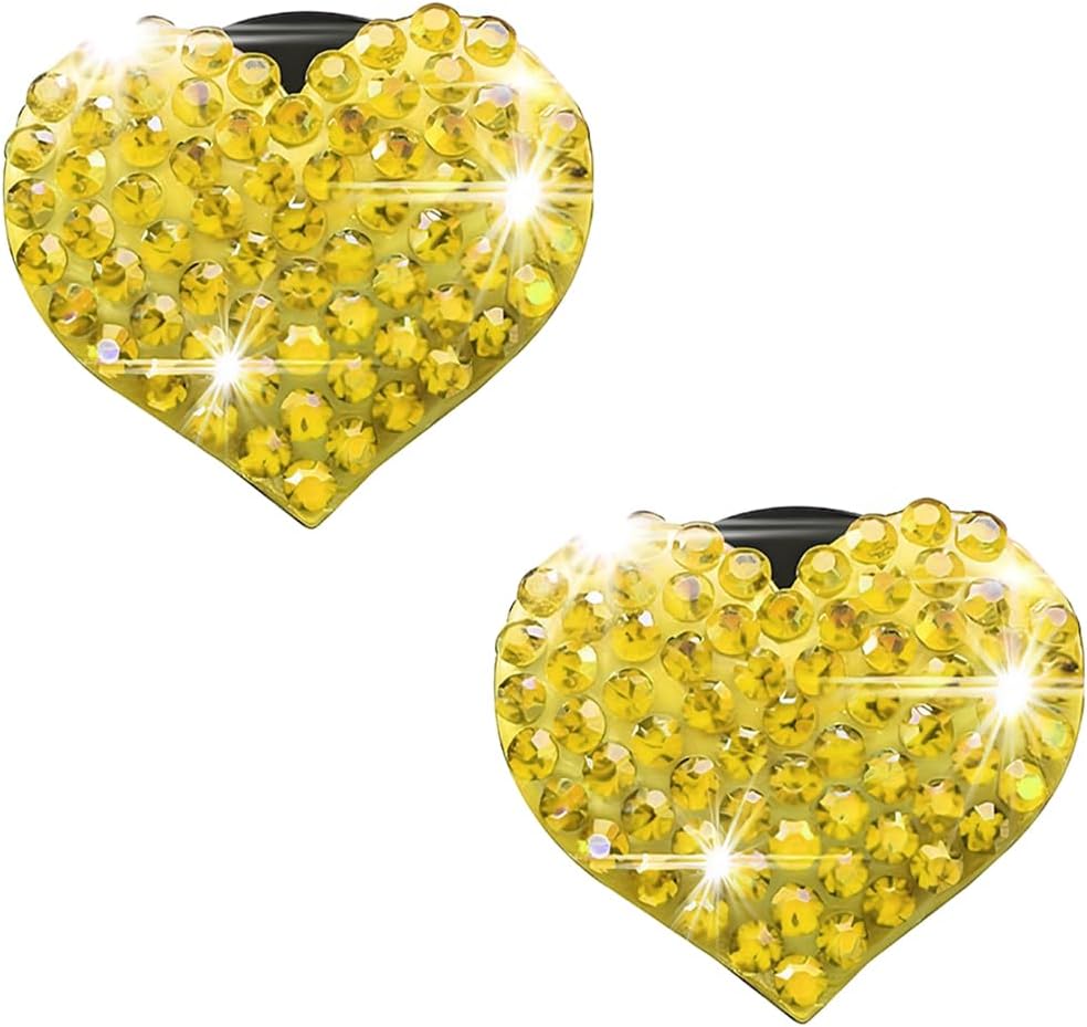 Car Bling Air Vent Clips, 2 Pcs Bling Heart Charm Air Conditioning Outlet Clip, Crystal Rhinestone Accessories, Sparkly Car Interior Decoration Cute Accessories for Women Girls (Yellow)