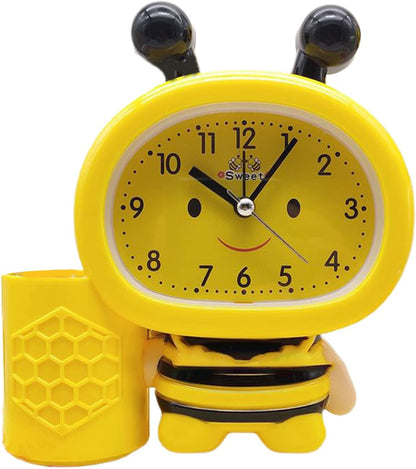 Cartoon Cute Bee Pen Holder Alarm Clock Desktop Clock Bedside Timer Clocks Home Office Table Decoration Pen Holder Cute Desk, Yellow