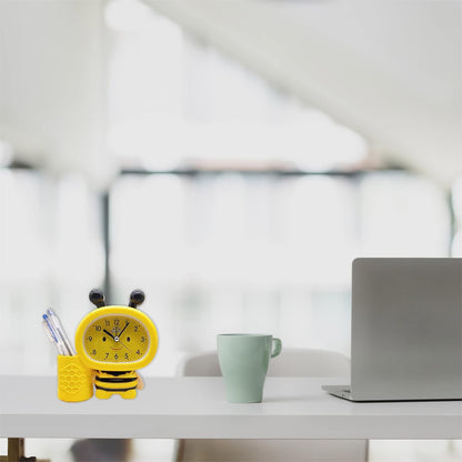 Cartoon Cute Bee Pen Holder Alarm Clock Desktop Clock Bedside Timer Clocks Home Office Table Decoration Pen Holder Cute Desk, Yellow
