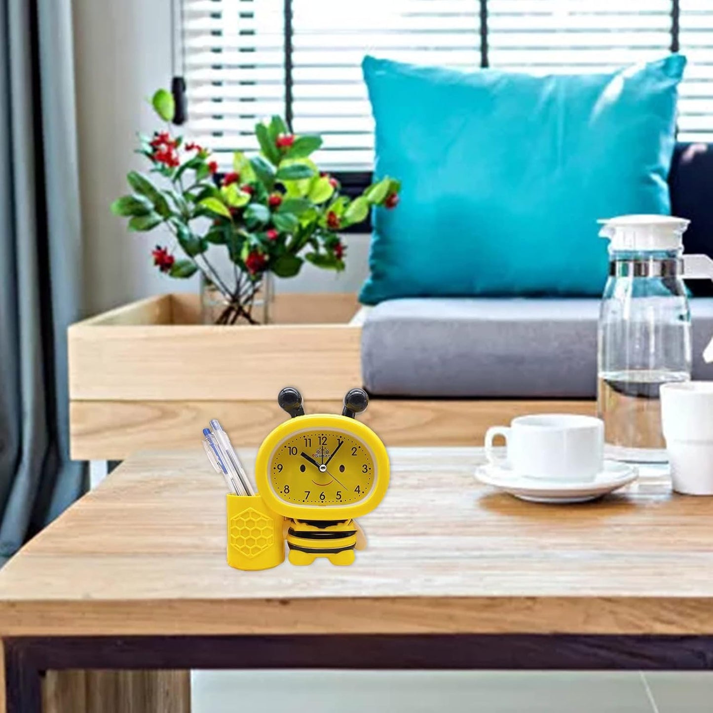 Cartoon Cute Bee Pen Holder Alarm Clock Desktop Clock Bedside Timer Clocks Home Office Table Decoration Pen Holder Cute Desk, Yellow