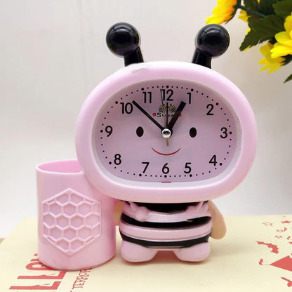 Cartoon Cute Bee Pen Holder Alarm Clock Desktop Clock Bedside Timer Clocks Home Office Table Decoration Pen Holder Cute Desk, Yellow