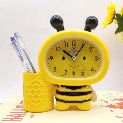 Cartoon Cute Bee Pen Holder Alarm Clock Desktop Clock Bedside Timer Clocks Home Office Table Decoration Pen Holder Cute Desk, Yellow