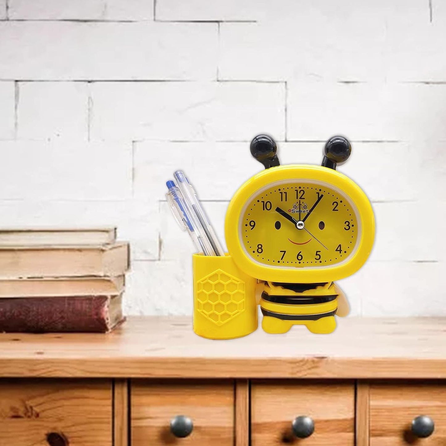 Cartoon Cute Bee Pen Holder Alarm Clock Desktop Clock Bedside Timer Clocks Home Office Table Decoration Pen Holder Cute Desk, Yellow