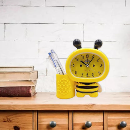 Cartoon Cute Bee Pen Holder Alarm Clock Desktop Clock Bedside Timer Clocks Home Office Table Decoration Pen Holder Cute Desk, Yellow