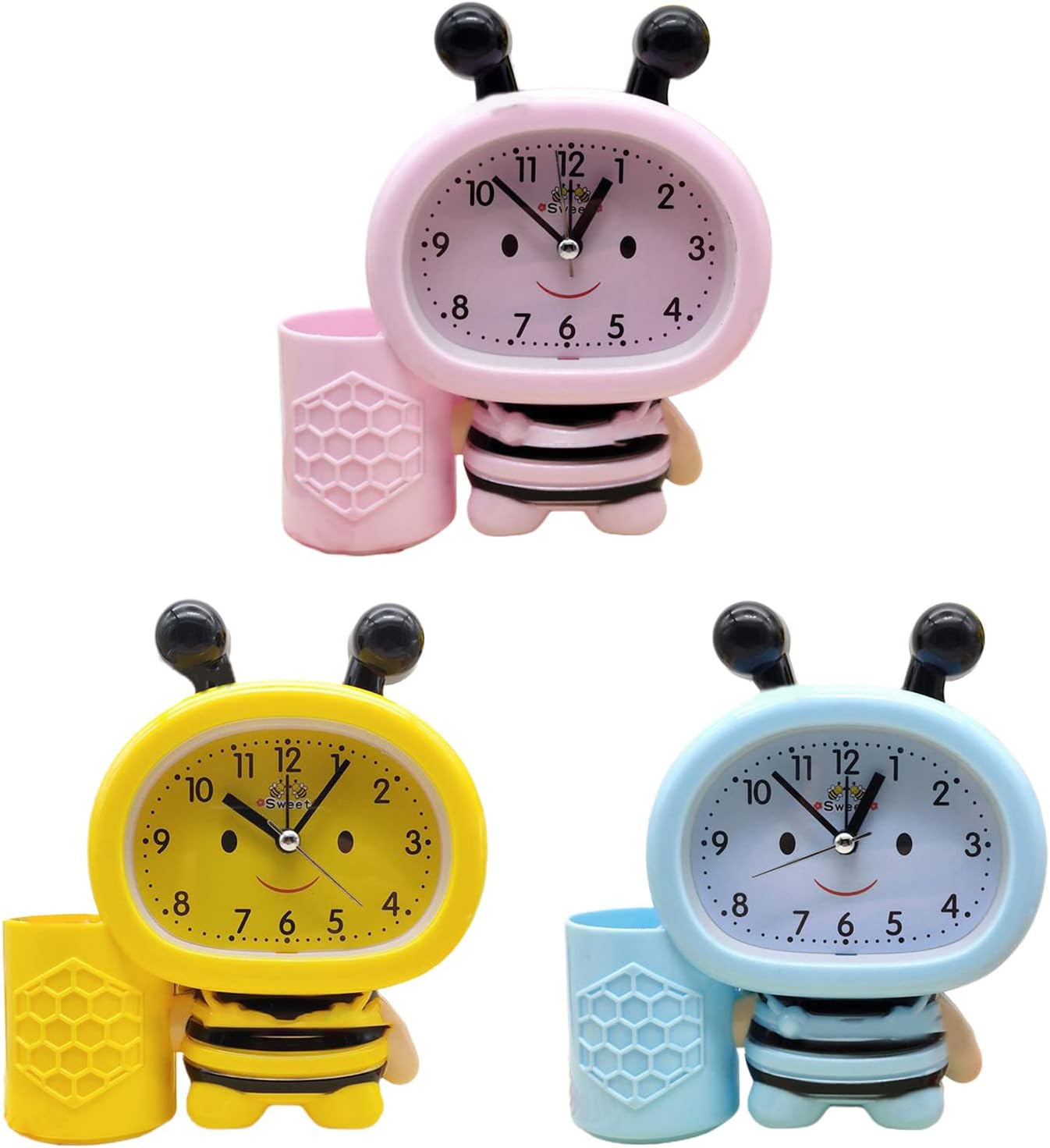 Cartoon Cute Bee Pen Holder Alarm Clock Desktop Clock Bedside Timer Clocks Home Office Table Decoration Pen Holder Cute Desk, Yellow