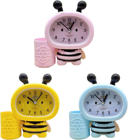 Cartoon Cute Bee Pen Holder Alarm Clock Desktop Clock Bedside Timer Clocks Home Office Table Decoration Pen Holder Cute Desk, Yellow