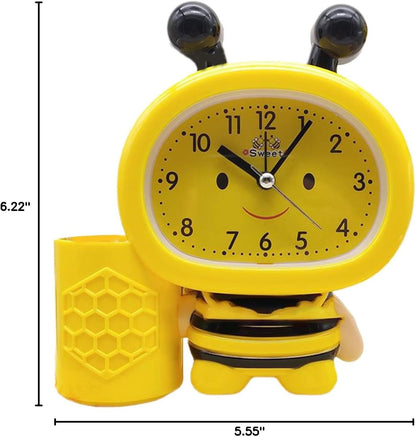 Cartoon Cute Bee Pen Holder Alarm Clock Desktop Clock Bedside Timer Clocks Home Office Table Decoration Pen Holder Cute Desk, Yellow