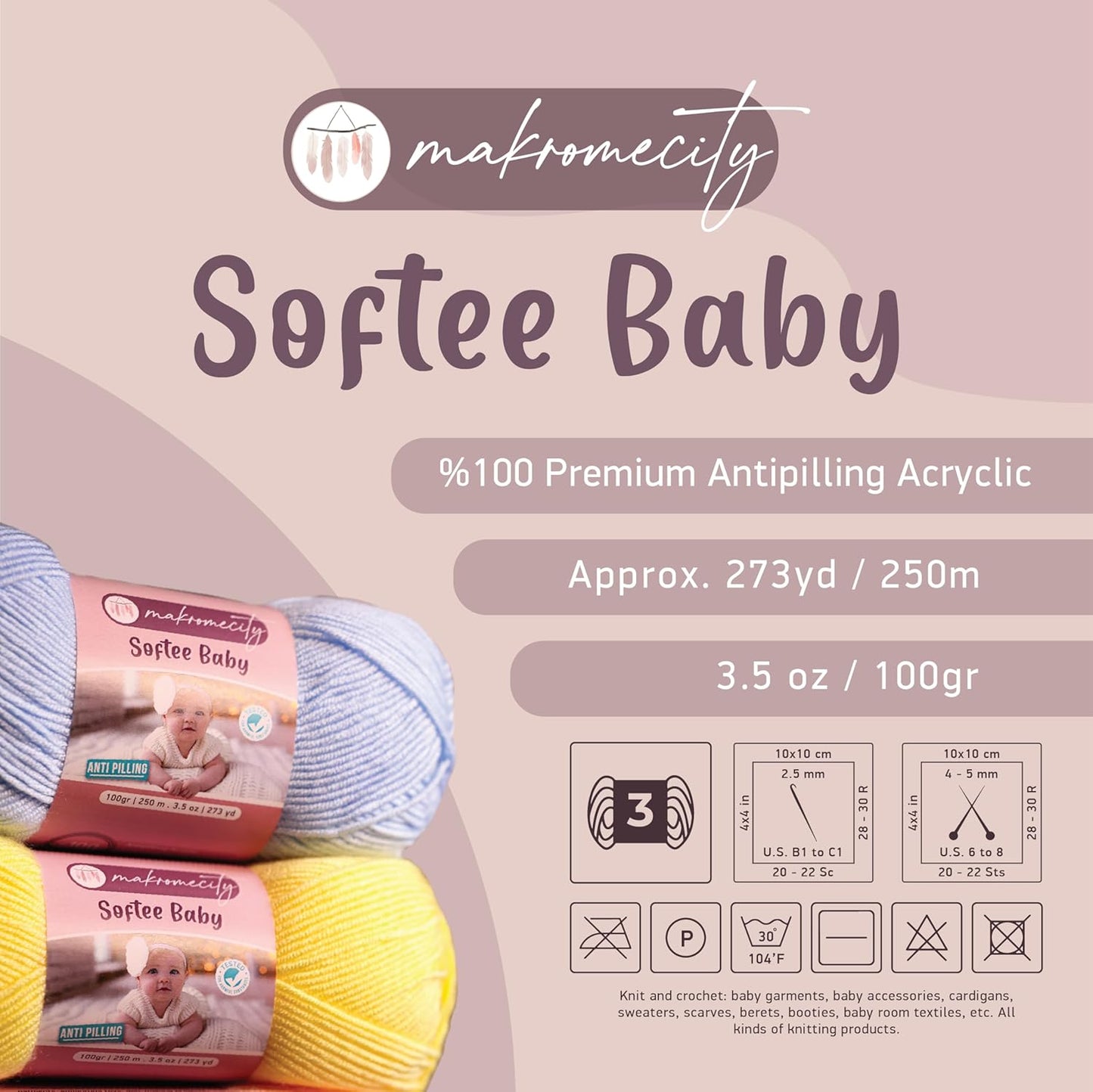 Softee Baby Yarn,%100 Premium Anti-Pilling Acrylic, 3.5 Oz, 273 yd (100gr/250 mt), Light Yellow Soft Yarn for Crocheting and Knitting (Light Yellow, 1 Skein)