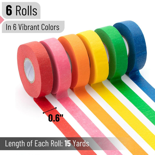 Colored Masking Tape, 0.6" x 15 Yards, 6 Pack | Colored Painter’s & Drafting Tape for Arts and Crafts, Labeling, Marking, Journaling, DIY Projects