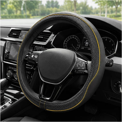 Car Steering Wheel Cover, 15 Inch Anti-Slip Breathable Leather Auto Steering Wheel Protector, Full Surround Soft Steering Wheel Cover for Men Women, Car Interior Accessories (Black & Yellow)