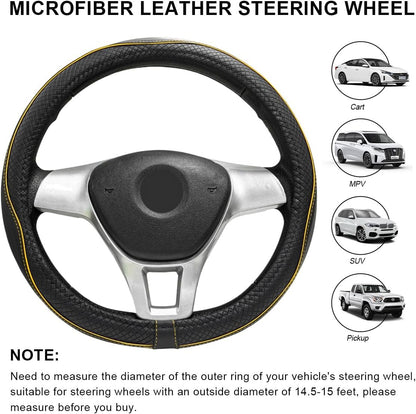 Car Steering Wheel Cover, 15 Inch Anti-Slip Breathable Leather Auto Steering Wheel Protector, Full Surround Soft Steering Wheel Cover for Men Women, Car Interior Accessories (Black & Yellow)