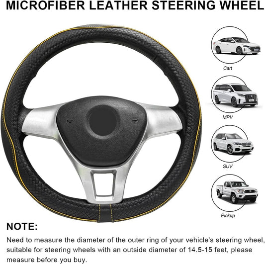 Car Steering Wheel Cover, 15 Inch Anti-Slip Breathable Leather Auto Steering Wheel Protector, Full Surround Soft Steering Wheel Cover for Men Women, Car Interior Accessories (Black & Yellow)