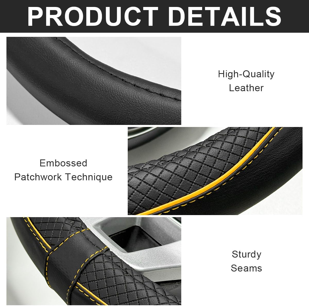 Car Steering Wheel Cover, 15 Inch Anti-Slip Breathable Leather Auto Steering Wheel Protector, Full Surround Soft Steering Wheel Cover for Men Women, Car Interior Accessories (Black & Yellow)