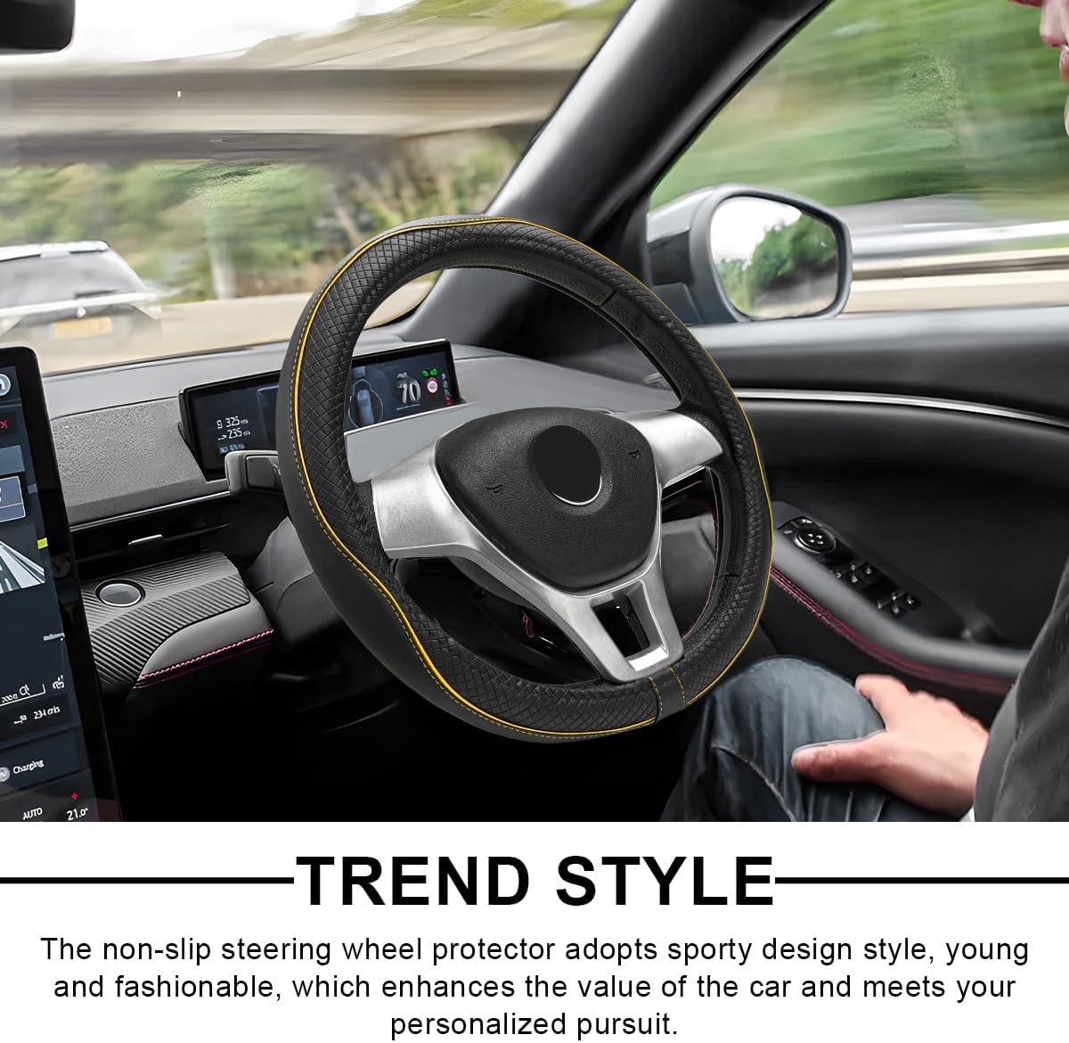 Car Steering Wheel Cover, 15 Inch Anti-Slip Breathable Leather Auto Steering Wheel Protector, Full Surround Soft Steering Wheel Cover for Men Women, Car Interior Accessories (Black & Yellow)