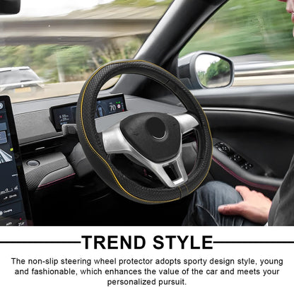 Car Steering Wheel Cover, 15 Inch Anti-Slip Breathable Leather Auto Steering Wheel Protector, Full Surround Soft Steering Wheel Cover for Men Women, Car Interior Accessories (Black & Yellow)
