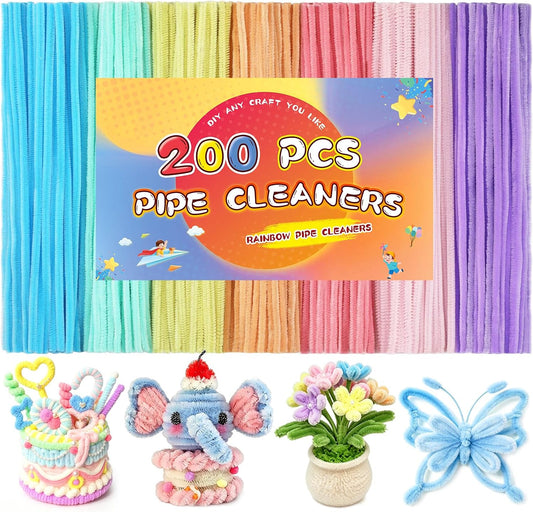 200 PCS Pastel Pipe Cleaners, 7 Colors Pipe Cleaners Bulk for Crafts | Fuzzy Limpia Pipas Pipecleaner Flower Kit DIY Creative Chenille Stems for Home Arts and Craft Decorations Supplies