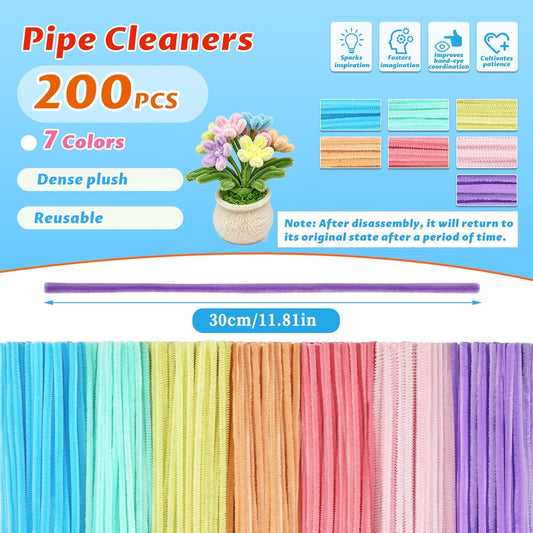 200 PCS Pastel Pipe Cleaners, 7 Colors Pipe Cleaners Bulk for Crafts | Fuzzy Limpia Pipas Pipecleaner Flower Kit DIY Creative Chenille Stems for Home Arts and Craft Decorations Supplies