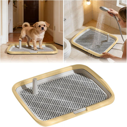 Dog Potty Tray with Guide Pillar, Pet Pee Pad Holder, Indoor Puppy Training Toilet, Heavy Duty Leak Proof Mesh Tray, Washable Dog Litter Box for Small Medium Dogs (Yellow, Small)