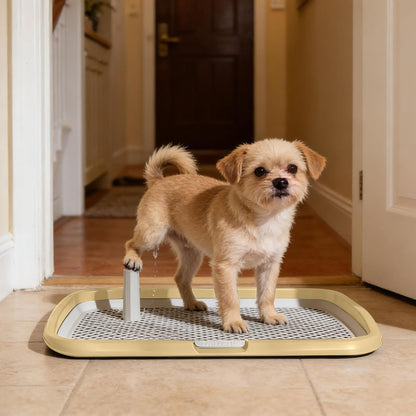 Dog Potty Tray with Guide Pillar, Pet Pee Pad Holder, Indoor Puppy Training Toilet, Heavy Duty Leak Proof Mesh Tray, Washable Dog Litter Box for Small Medium Dogs (Yellow, Small)