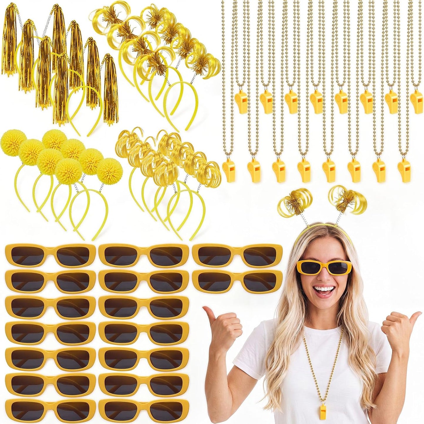 48 Pcs Yellow Team Spirit Party Accessories Holiday Cheerleading Pom Pom Party Headbands Beaded Whistle Necklaces Sunglasses for Tailgates Football Baseball Sports Events