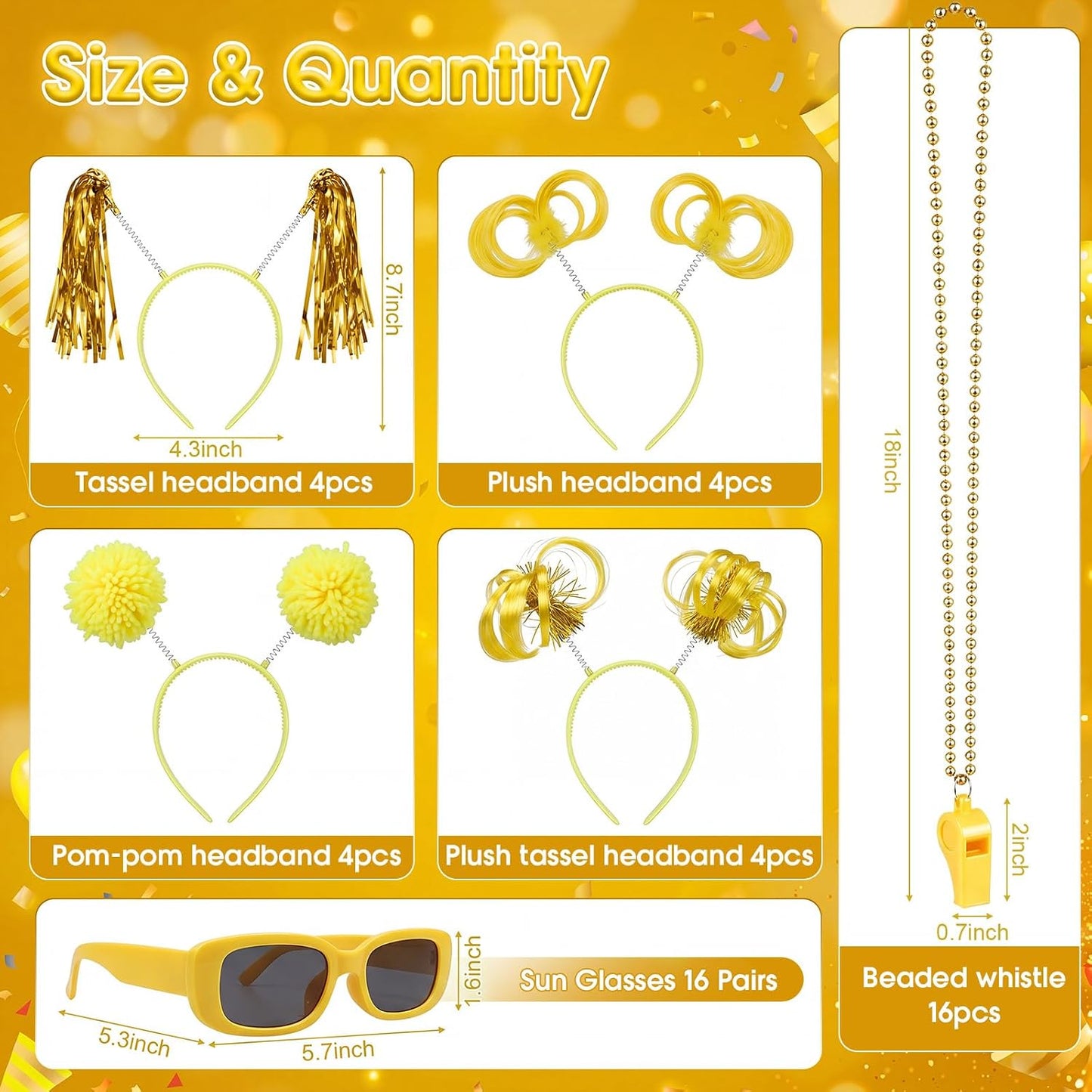48 Pcs Yellow Team Spirit Party Accessories Holiday Cheerleading Pom Pom Party Headbands Beaded Whistle Necklaces Sunglasses for Tailgates Football Baseball Sports Events